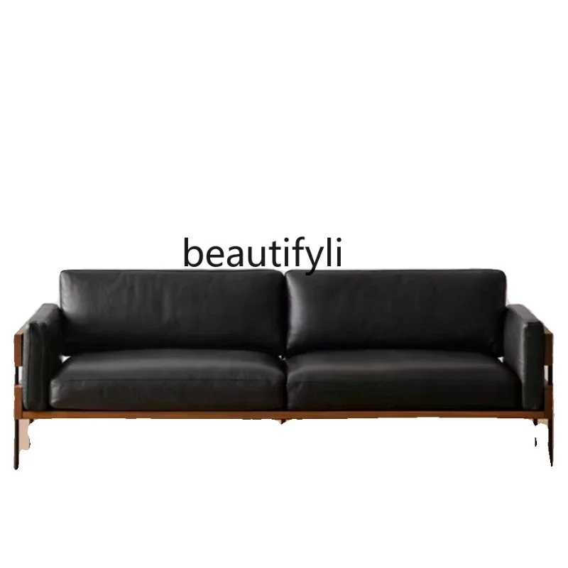 

yh Medieval solid wood Nordic first layer cowhide black leather art double triple straight row sofa