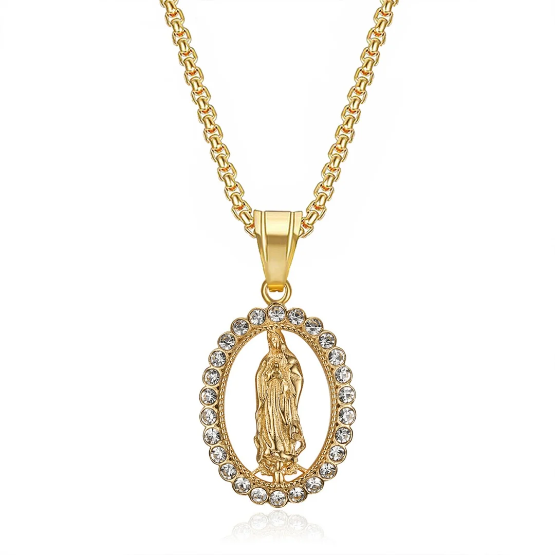 

Religious Iced Out Bling Virgin Mary Pendant Female Gold Color Stainless Steel Rhinestone Oval Necklace for Women Jewelry Gift