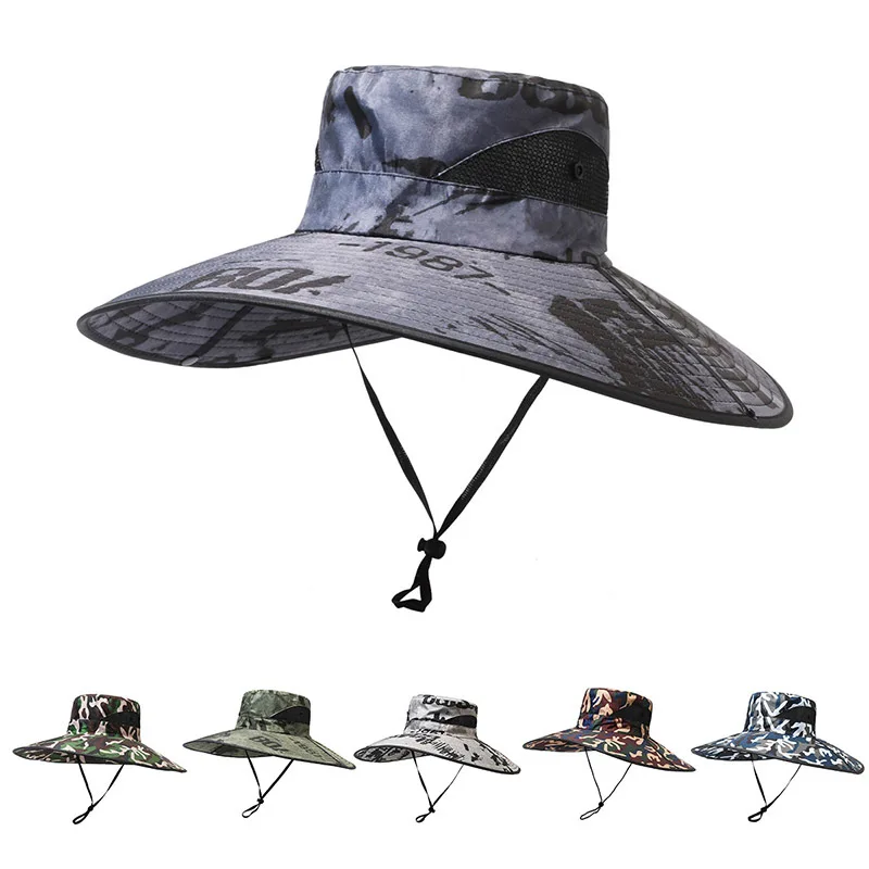 Summer Sun Protection Hat for Men Wide Brim Camouflage Sun Hat Outdoor Travel Cycling Mountaineering Working Sun Cap Fishing Cap