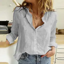 Blusa elegante de lino y algodón para mujer, camisa informal de manga larga con cuello vuelto, camisa de oficina de un solo pecho, blusa suelta de Color sólido