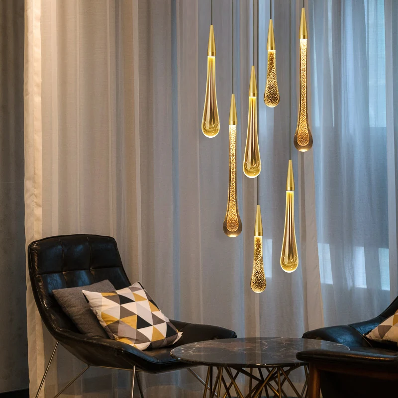 Gota De Água Cristal Criativo Pingente De Luz, LED De Luxo De Estilo Europeu, Vidro Dourado, Iluminação Interior Pendurada, Decoração De Lâmpadas De Restaurante