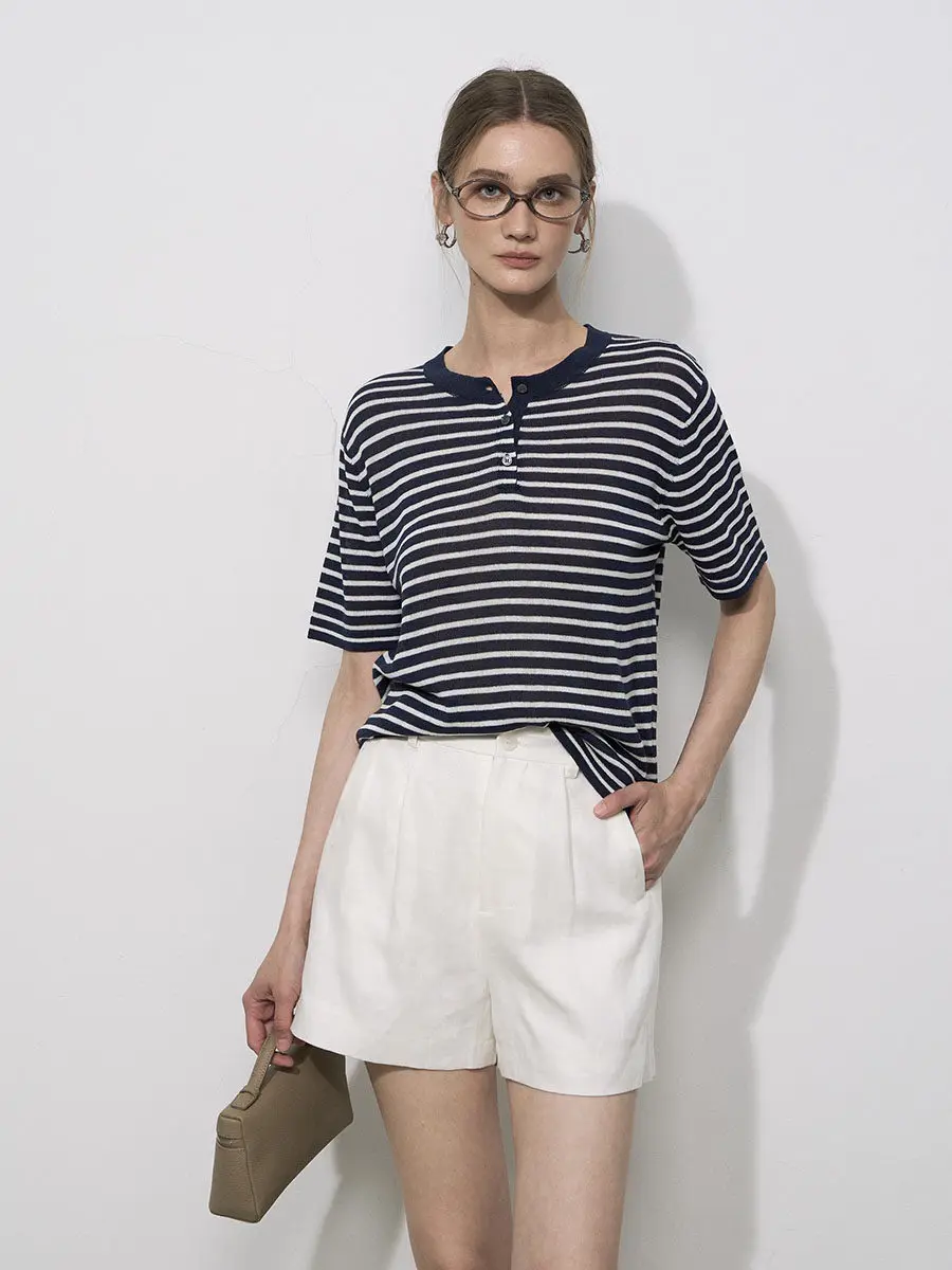 

Женская футболка Dee Sicile с коротким рукавом, вязаная из шелковой пряжи, с морским полосатым узором, классический дизайн, свободный крой, летняя