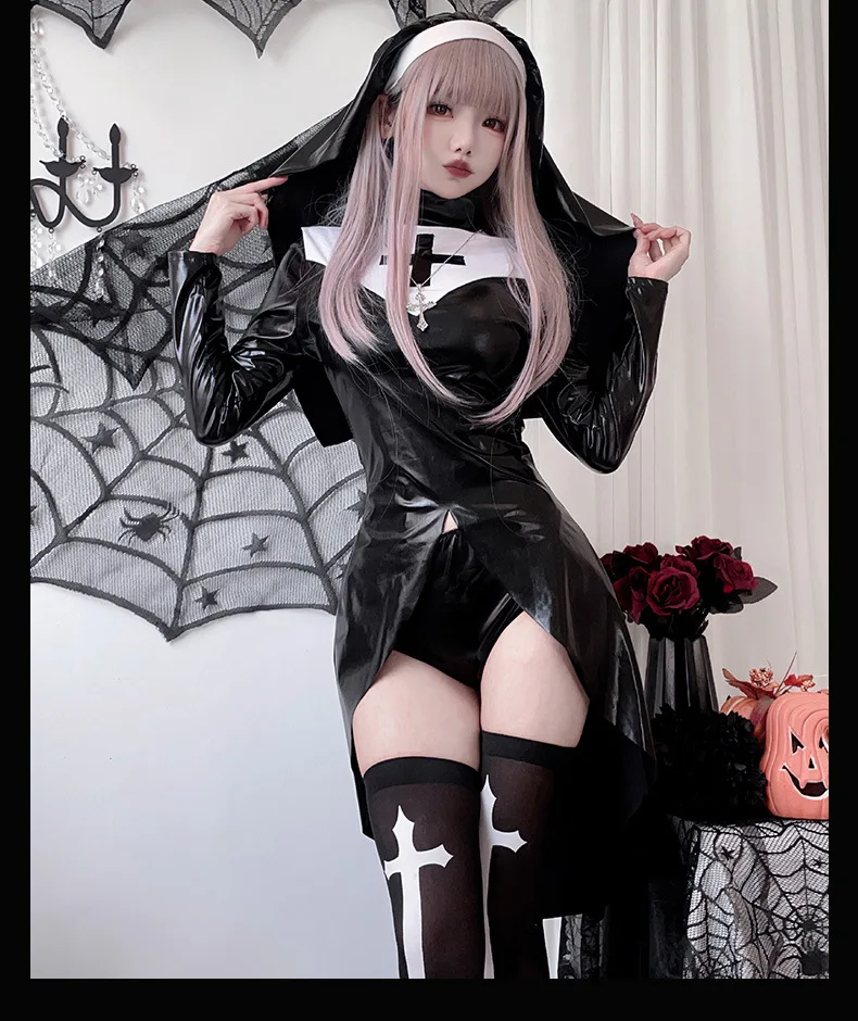 Halloween Costume Sexy Nun Cosplay Tights Vampire Cross Dark Gothic Dress Pu Faux Leather Hollow Out Costume Black White Nun