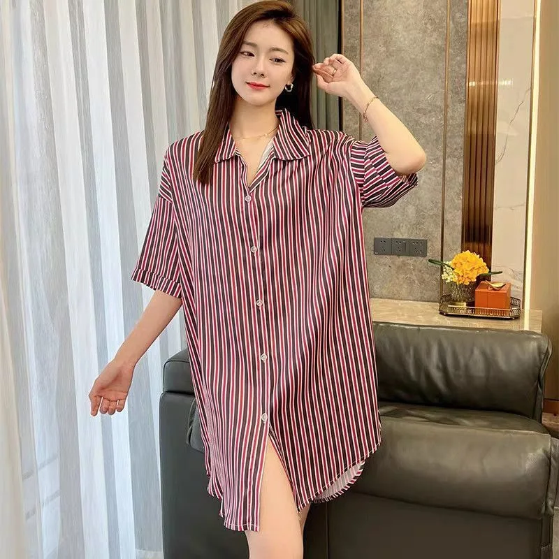 

2026 Age Reduction Summer Nightgown Women's Ice Silk Short-sleeved Shirt Thin Loose High-value Sexy Pure Lust Pajamas Loungewear