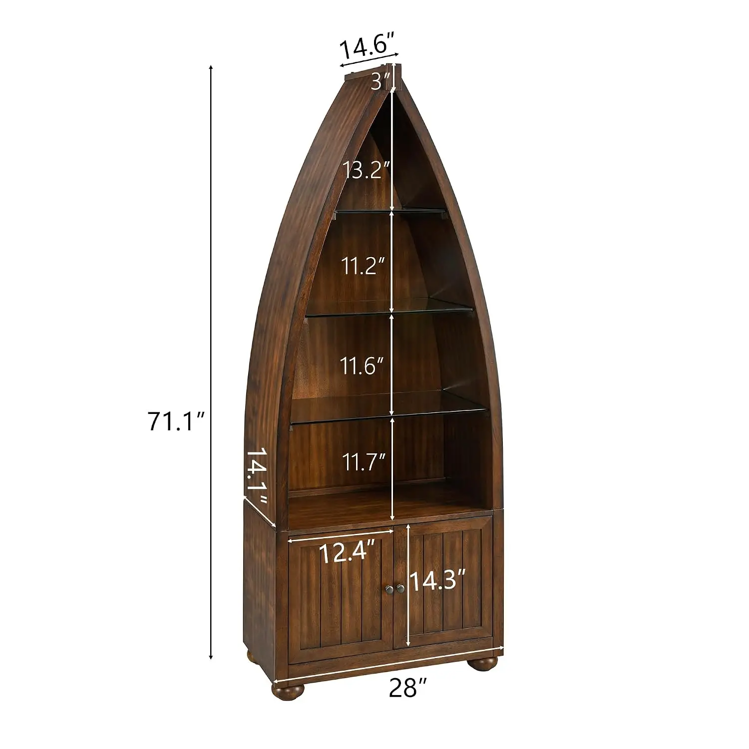 Boat Shaped Bookcase with Glass Shelves 5-Tier Display Storage Shelf for Home Office Living Room 71
