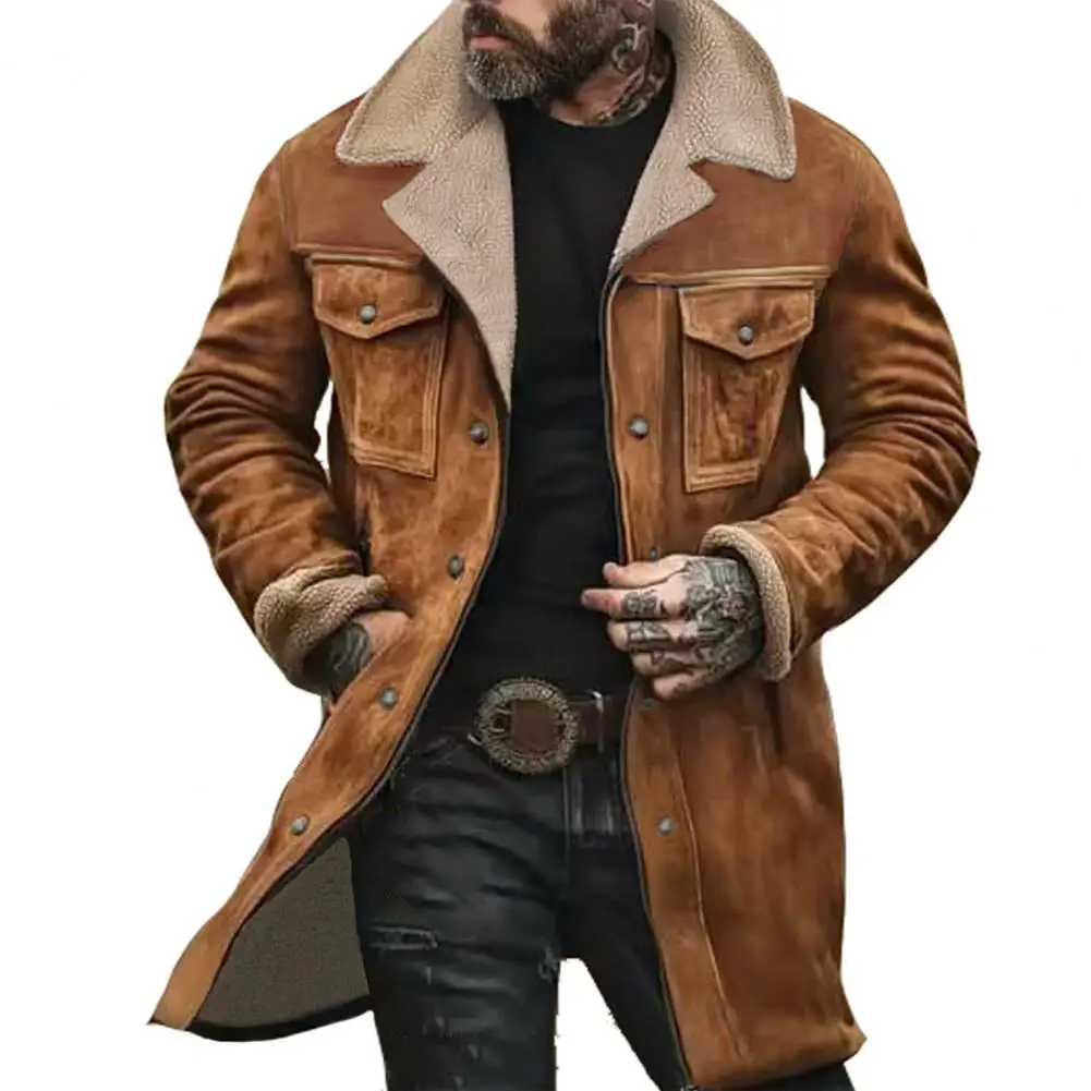 

Suede Coat Stylish Men's Woolen Coat with Lapel Multi Pockets Windproof Suede Jacket for Autumn Winter Vintage Western Cowboy