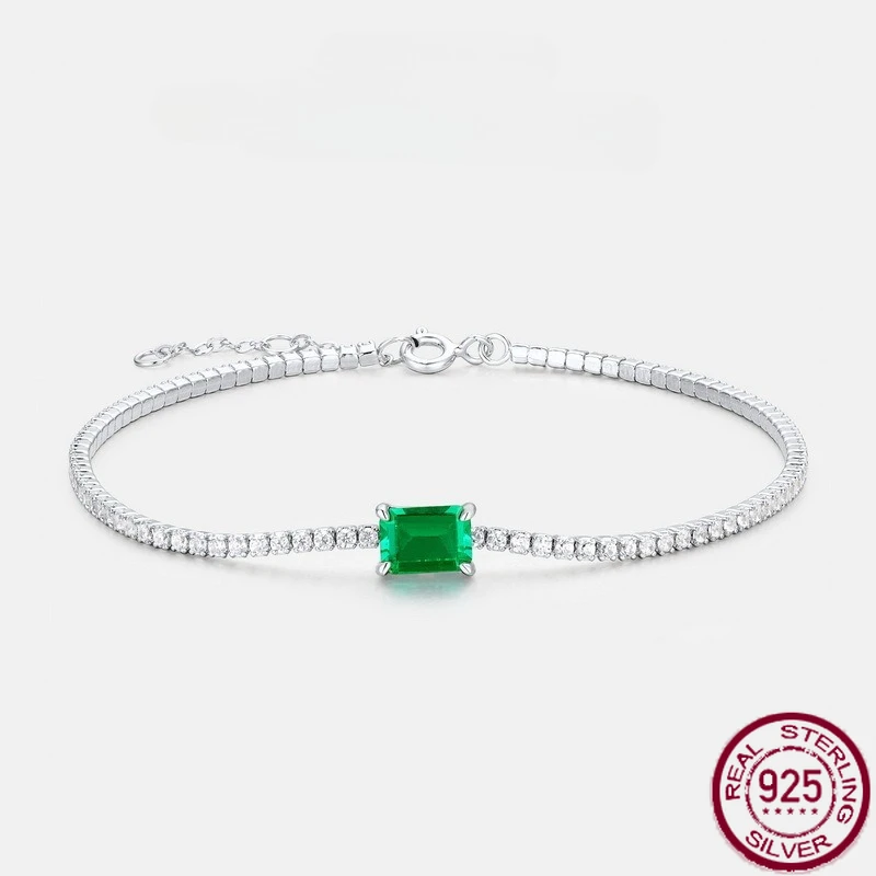 

New S925 pure silver European and American minimalist retro bracelet inlaid with emerald jewelry for wedding jewelry