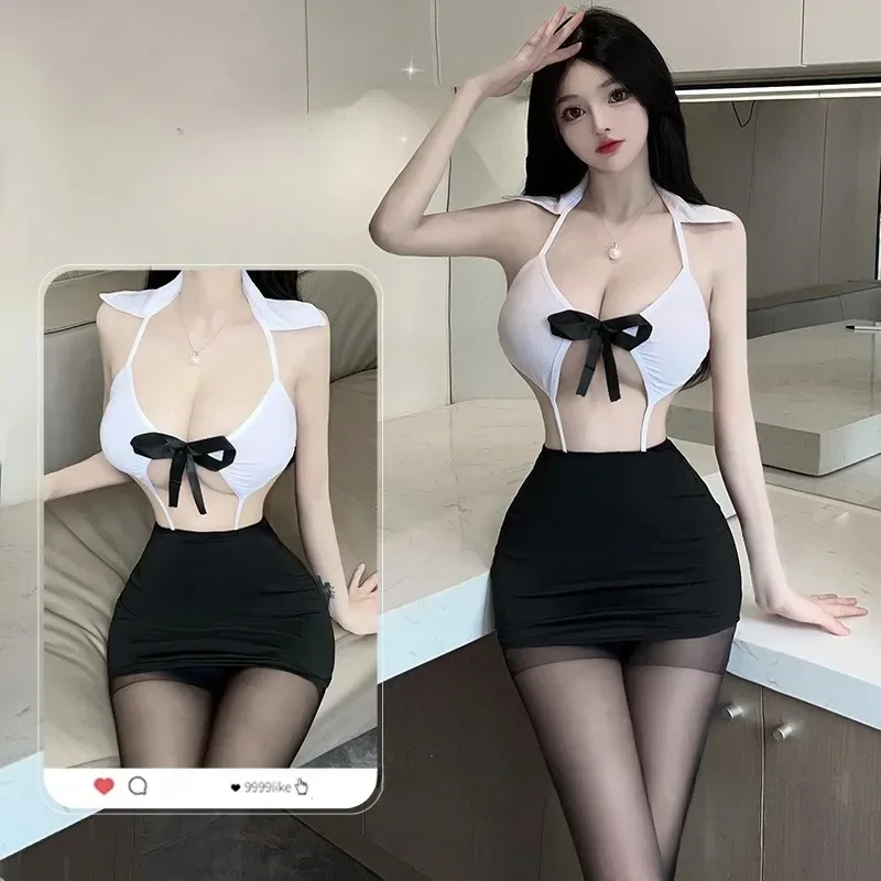 Ladies Sexy Lingerie Cosplay Secretary Erotic Costume Short Dress for Sex Clothing Hollow Lace Sexy Bodysuit Women Underwear