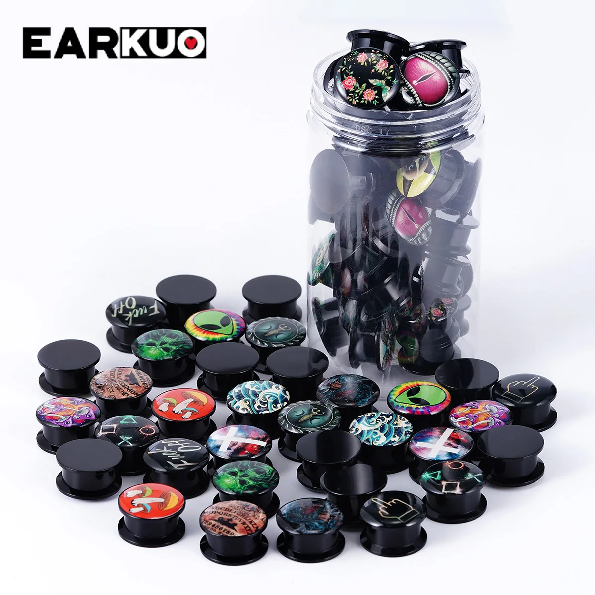 EAR KUO Boîte surprise en acrylique pour plugs et dilatateurs d'oreilles, motifs variés, bijoux de piercing corporel, coffret cadeau pour l'élargissement des oreilles