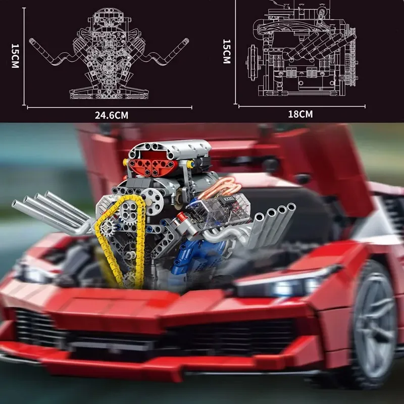 Unidad de potencia V8, réplica de modelo a escala, Motor eléctrico recargable, aplicación remota, Control, luz LED, Kit de montaje de construcción, 665 Uds.
