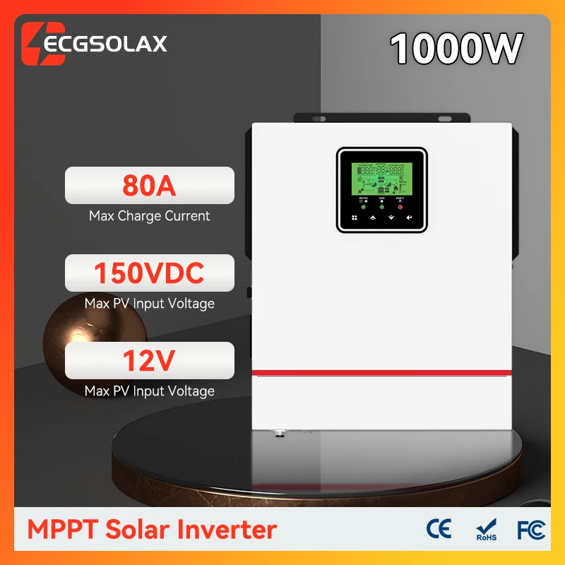 ECGSOLAX 1KW Hybrid Solar inverter 12V Single-phase 220Vac With MPPT 80A Charging Controller Hybrid inverter 1000W Max PV 150VDC