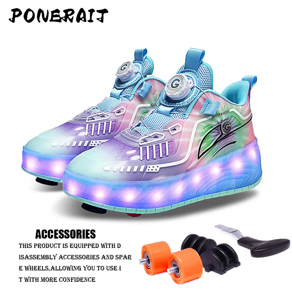 Women 2-Wheel Roller Skates Fashion Girl\'s Sneakers With Wheels Retractable Dual-purpose Kids Skating Sports Shoes