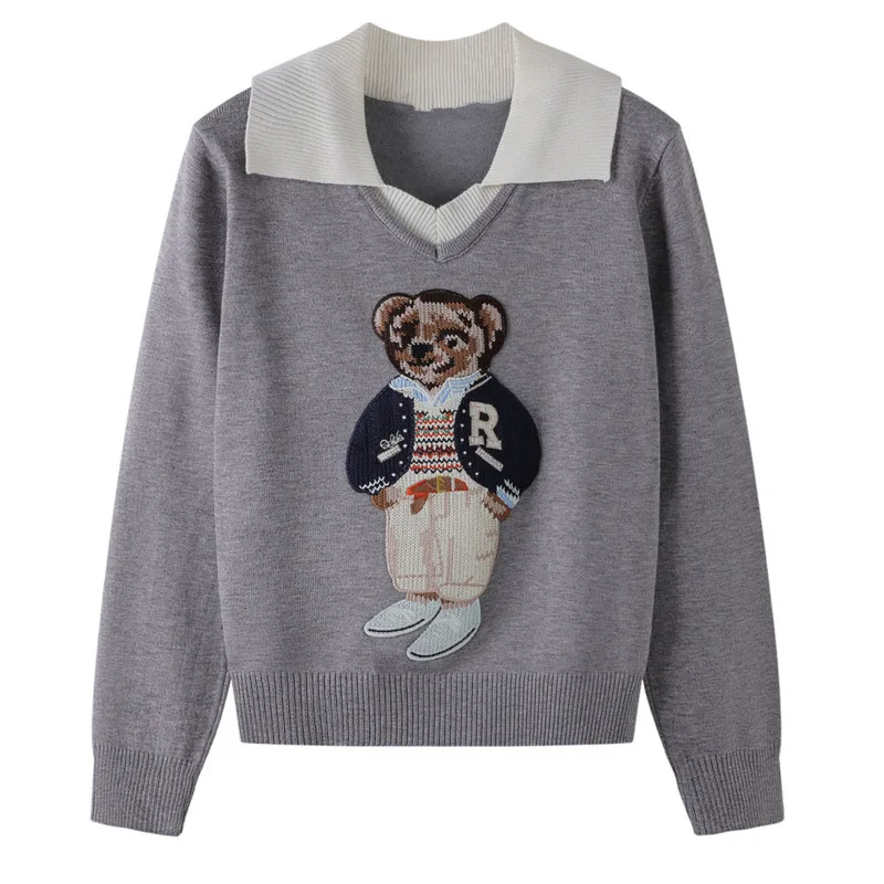 سترة محبوكة مطرزة على شكل دب فرنسي فاخر خفيف للنساء للخريف موضة جديدة كورية بلوفر فضفاض غير رسمي #2