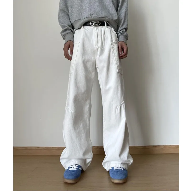 

White jeans men New Patchwork style cargo Denim Pants Washed Male Straight Casual Men wear Loose Wide Leg Trousers Pocket design
