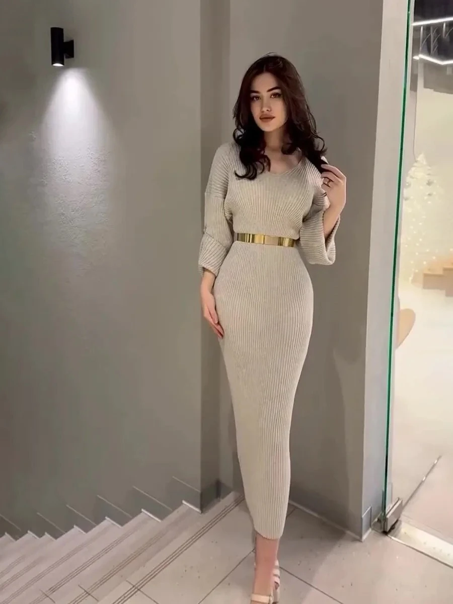

Fashion High Waist Knit Dress Women's Autumn Winter New Sexy V-neck Knitted Long Sweaters Comfortable Solid Maxi Dress with Belt
