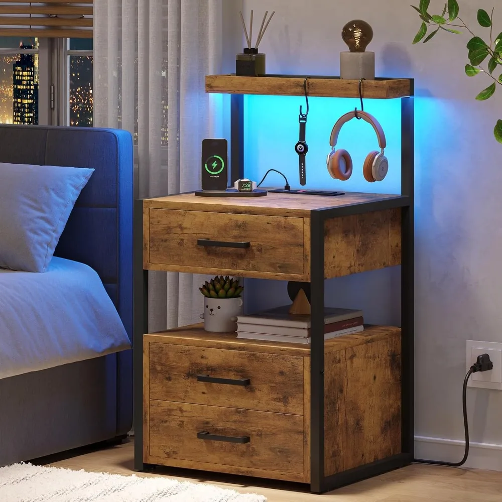 Led Nightstand with Charging Station, 3 Drawers Night Stands with Led Lights, Rustic Brown Bedside Tables with Storage Shelves