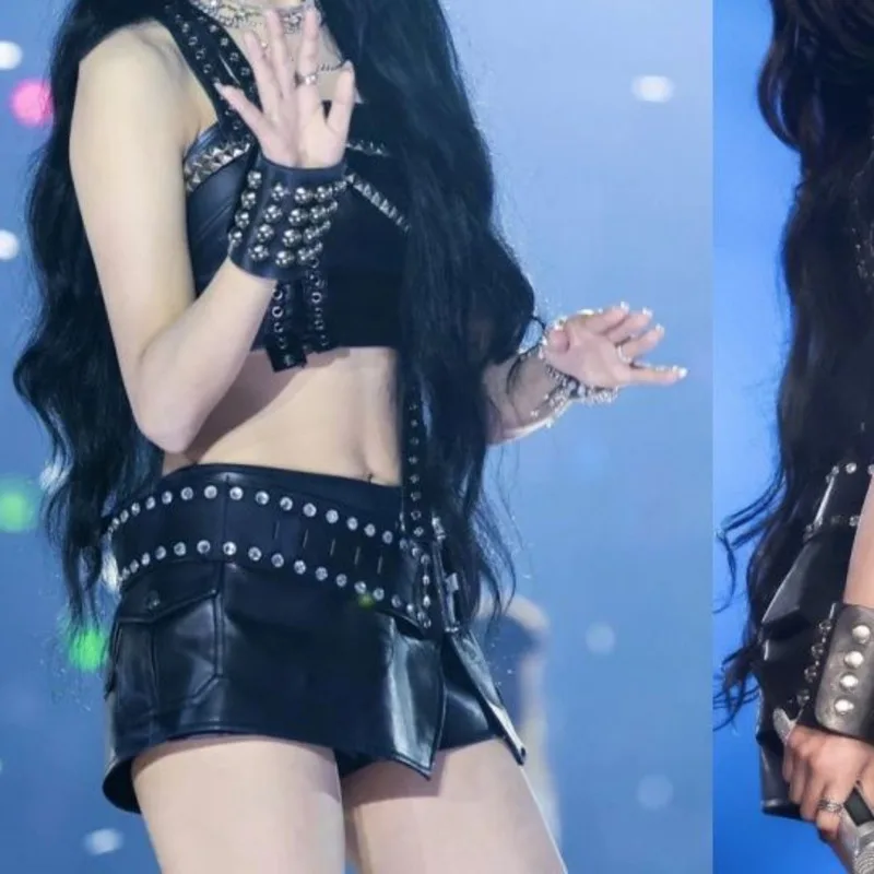 

Girl idol Group Performance Outfit Jazz Dance Costume Kpop Stage Outfit black Jazz Skirt Set Leather skirt