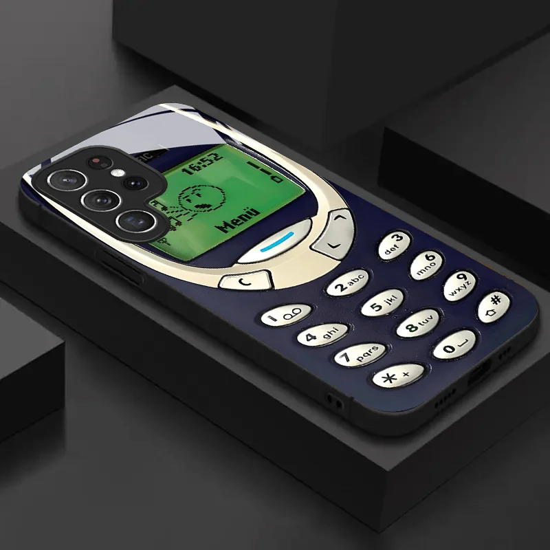 Retro black phone pattern glass phone case suitable for Samsung Galaxy S26 S25 S24 S23 S22 S21 S20 FE/Ultra/Plus anti drop