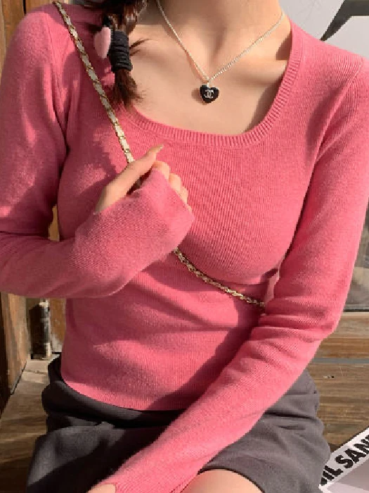

ay Knitted Base irt Women's Square Collar Slim Fit Inner Wear Versatile Winter New Sle Commute Sle Soft Pure Color
