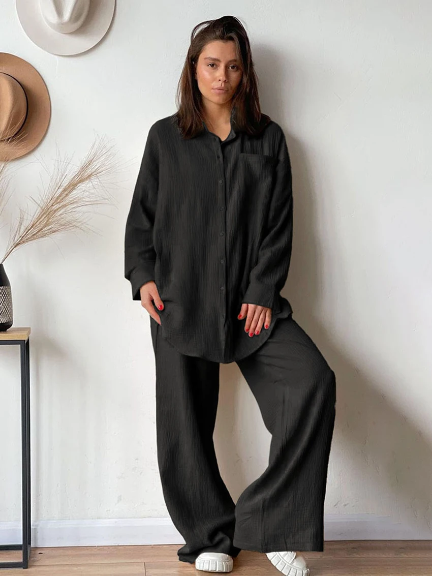 Marthaqiqi Cotton Femme Sleepwear Set Turn-Down Collar Nightwear Long Sleeve Nightgowns Wide Leg Pants Casual Women Pajamas Suit