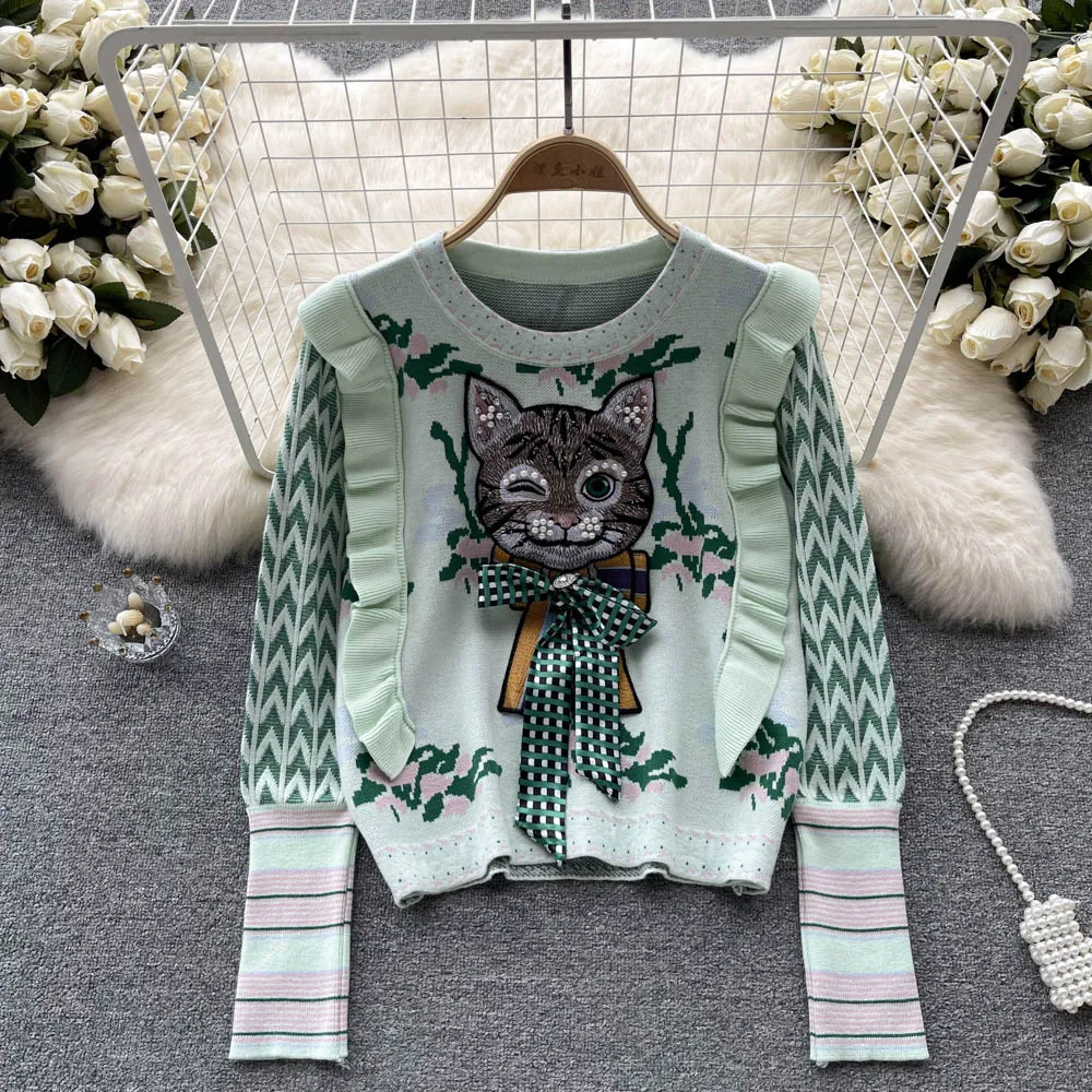 Retro sweater women's pullover autumn and winter new lazy wind lotus leaf edge cat short-style wool sweater top