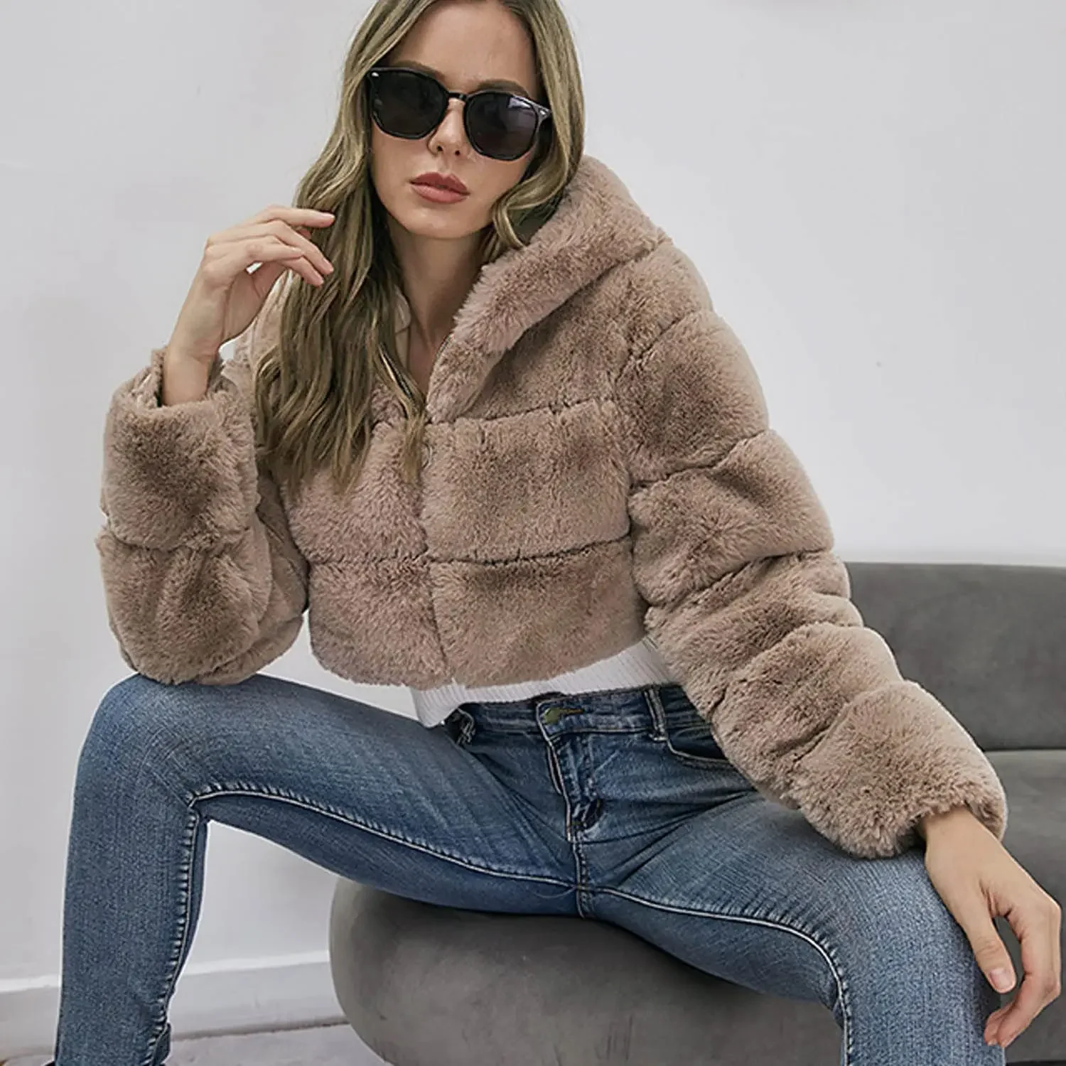 Chaqueta mullida con capucha para mujer, abrigo de piel sintética, chaqueta recortada, chaqueta acolchada con cremallera, abrigos de peluche peludos cálidos, Tops, prendas de vestir de invierno