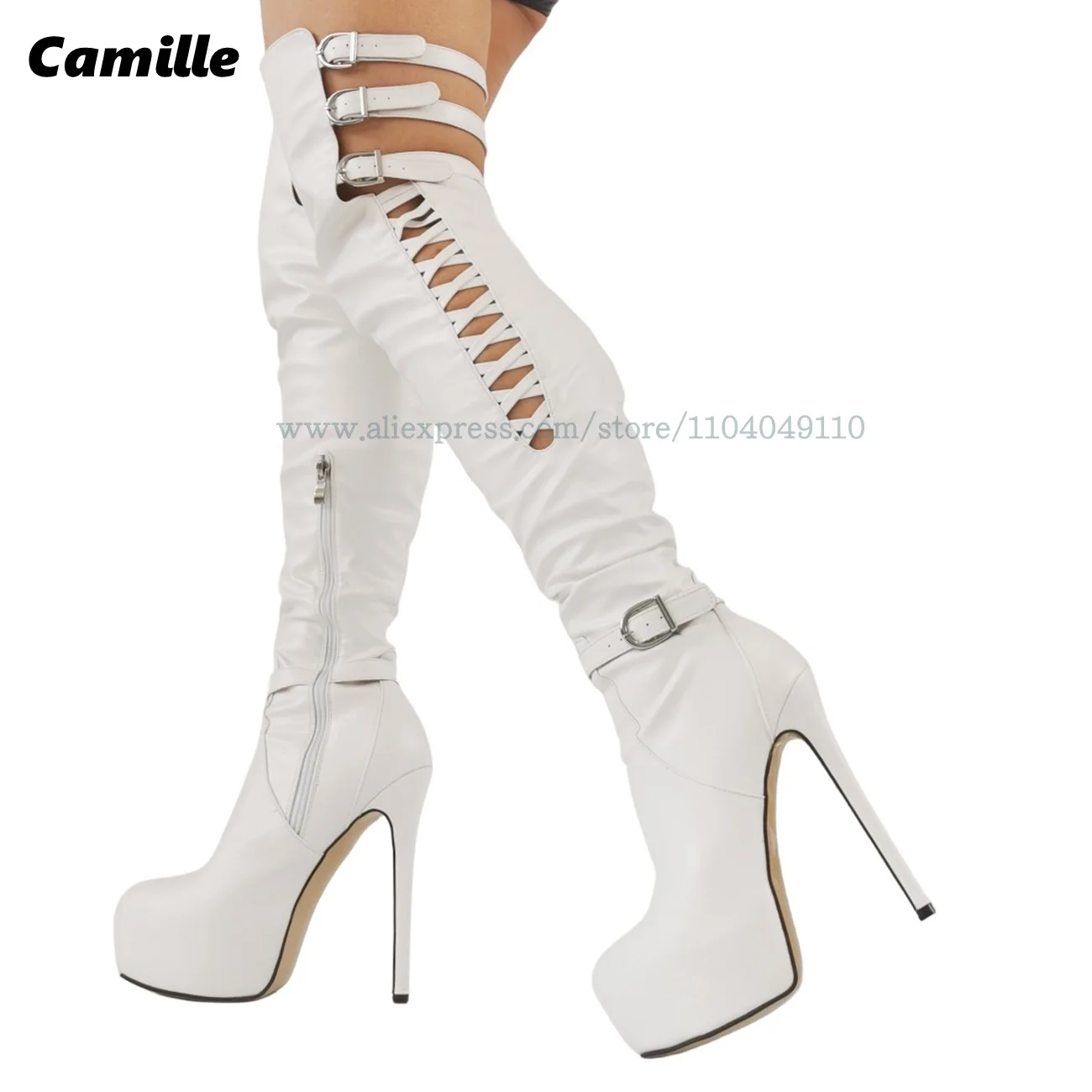 

White Belt Buckle Strap Over Knee Sexy Boots 2025 New Fashion Catwalk Style Modren Boots Pointed Toe 4CM Platform High Heels