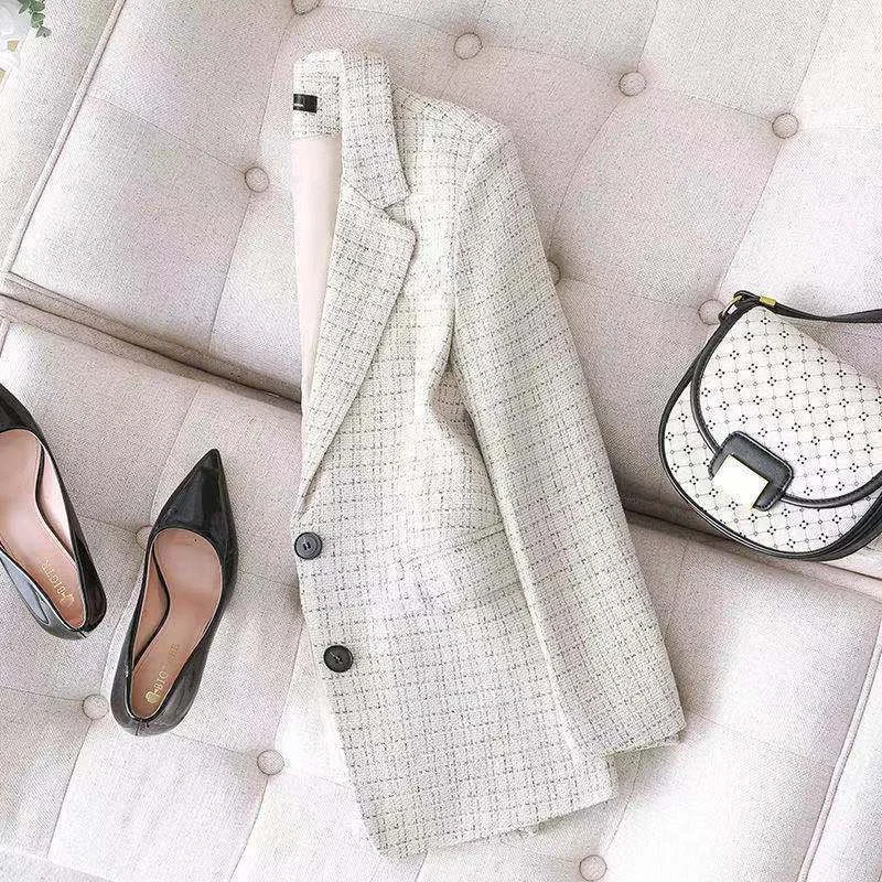 Formal Korean Plaid Tweed Women Slim Blazers Oversized 5xl Office Elegant Coats White/Black Vintage Work Wear Outwear New 2023