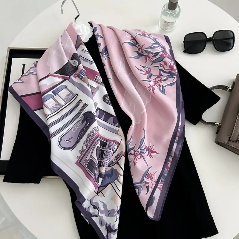 New Fashion Printing Elegant Purple Imitation Silk Texture 90 * 90cm Twill Silk Women's Skin-friendly Texture Silk Scarf
