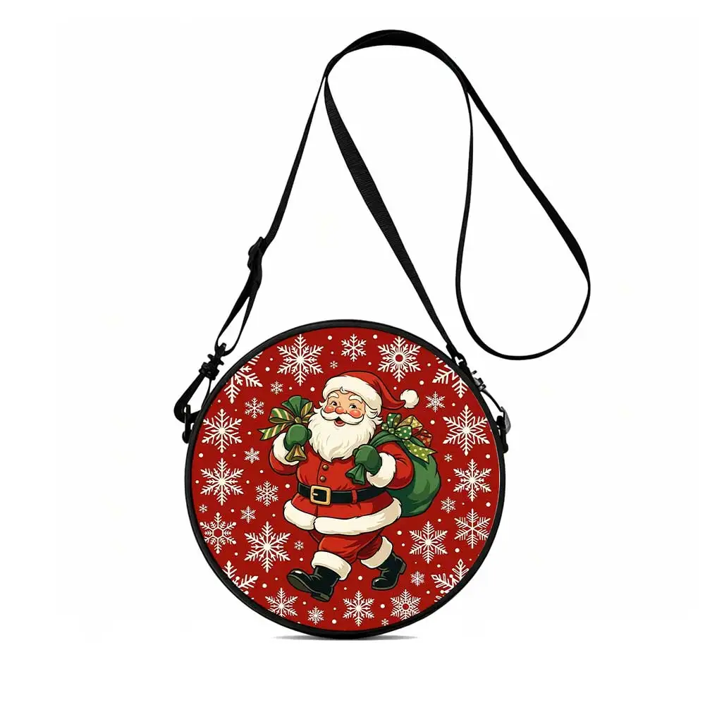 Santa Claus with gifts snowflakes red background Print Round Women Shoulder Bag, versatile commuter, great holiday present