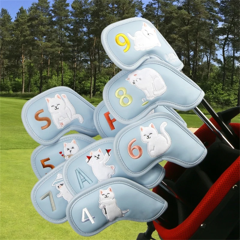 Funda protectora cabeza hierro para Golf, funda protectora con patrón gatos, Protector cabeza caña Golf, 9