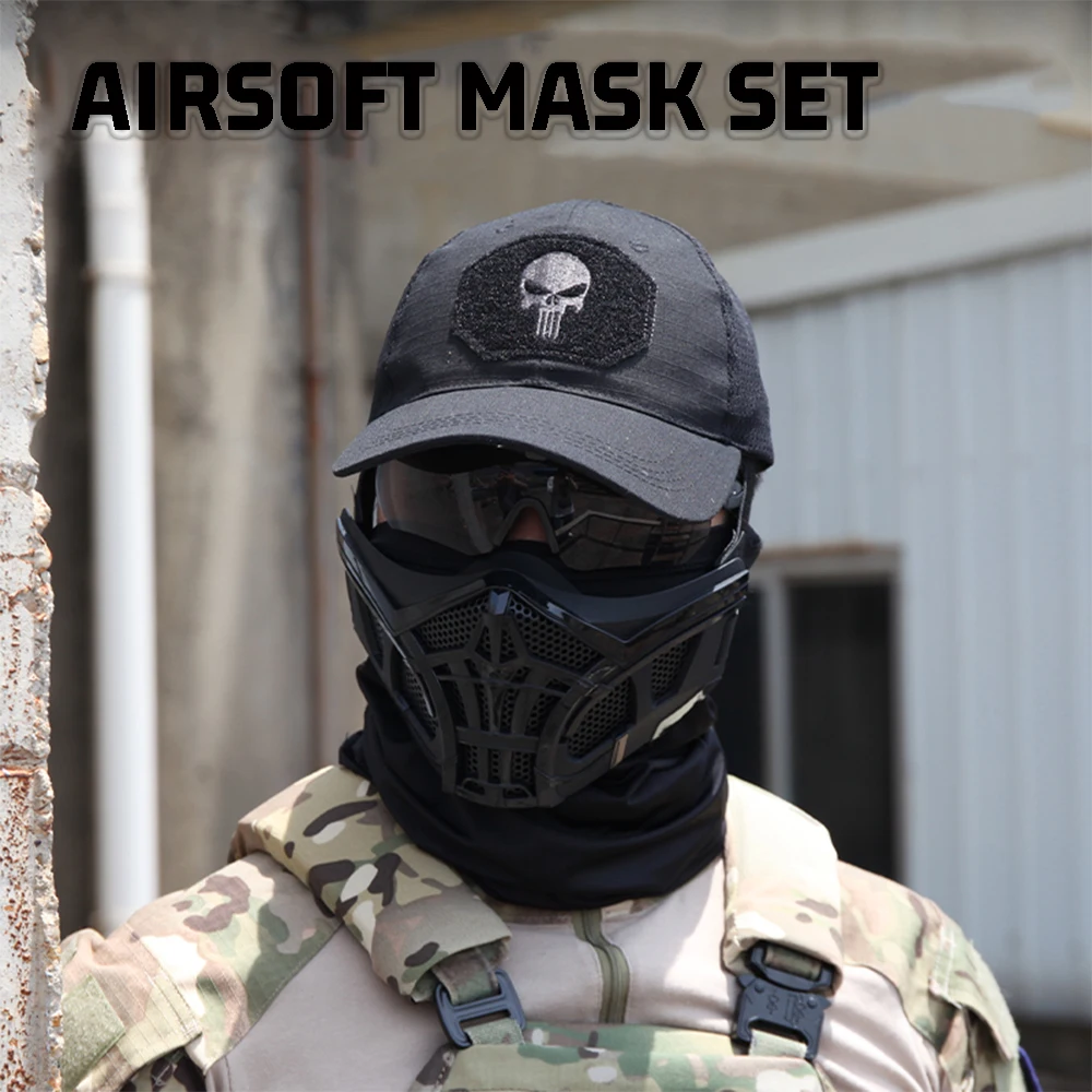 Airsoft Mask Set, Tactical Half Face Mask with Breathable Baseball Cap & Paintball Goggles, Outdoor Airsoft Hunting Gear