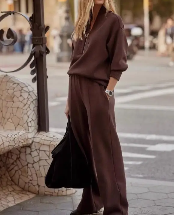 

Autumn 2025 Women's Minimalist Style Slim Fit 2-Piece Set with V-Neck Zipper Front Top and High Waisted Straight Leg Pants Set