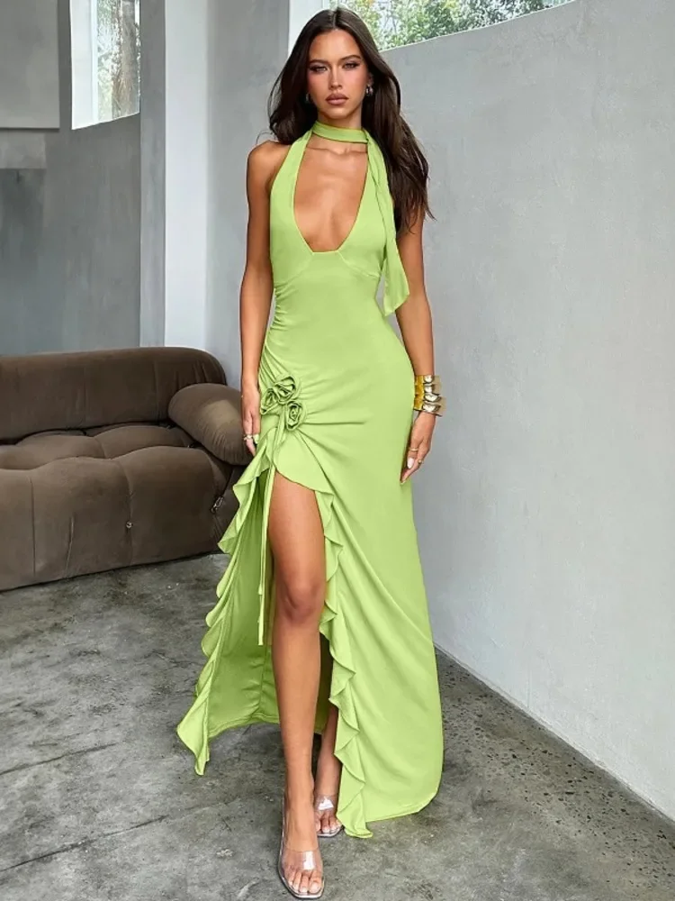 XIAOTANG Flower Draped Split Long Dress for Women Fashion Halter Deep V Neck Sleeveless Backless Bodycon Club Party Long Dress