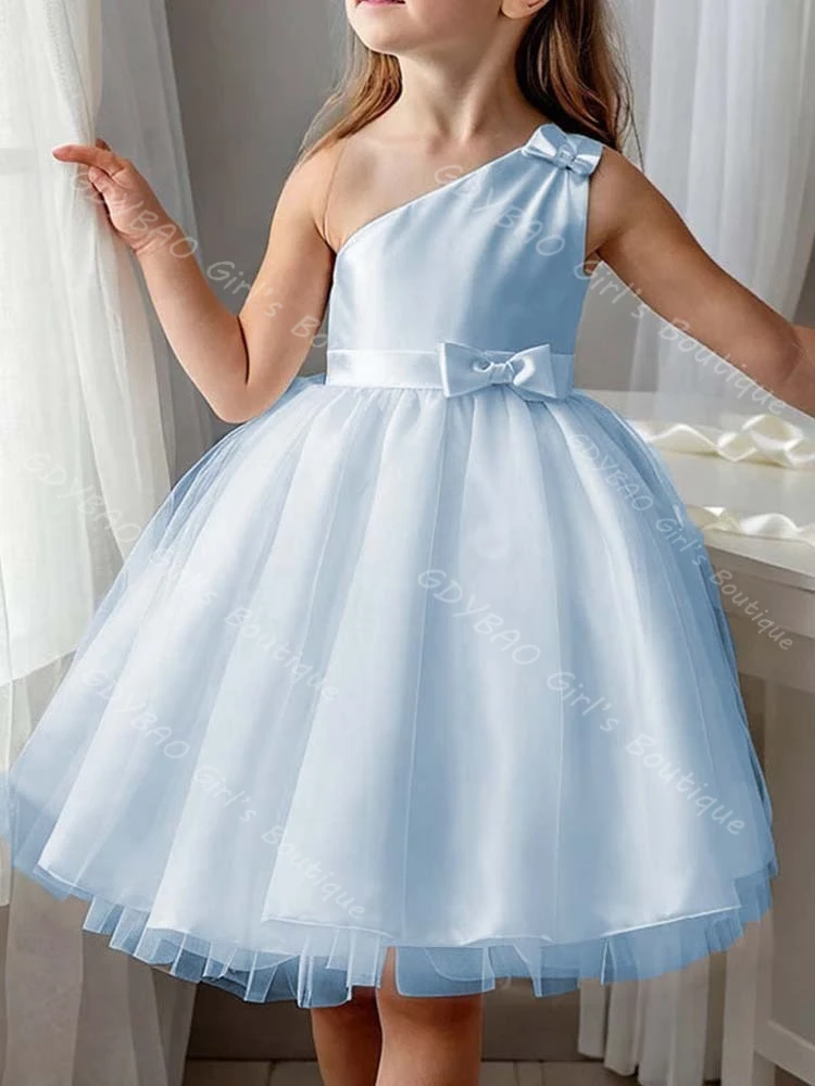 Vestido de corte A/princesa personalizado para niñas, vestido de satén con lazo, un hombro, sin mangas, hasta la rodilla, vestido de flores para niñas, vestido de fiesta para niños