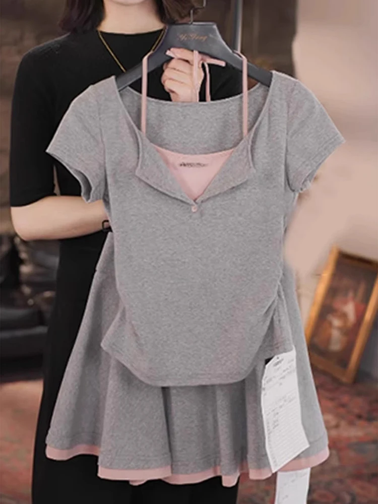 

Casual Street Set 2025 Women Summer New Style College Style Contrast Color Slimming Spicy Girl Top Short Skirt Two Piece Set