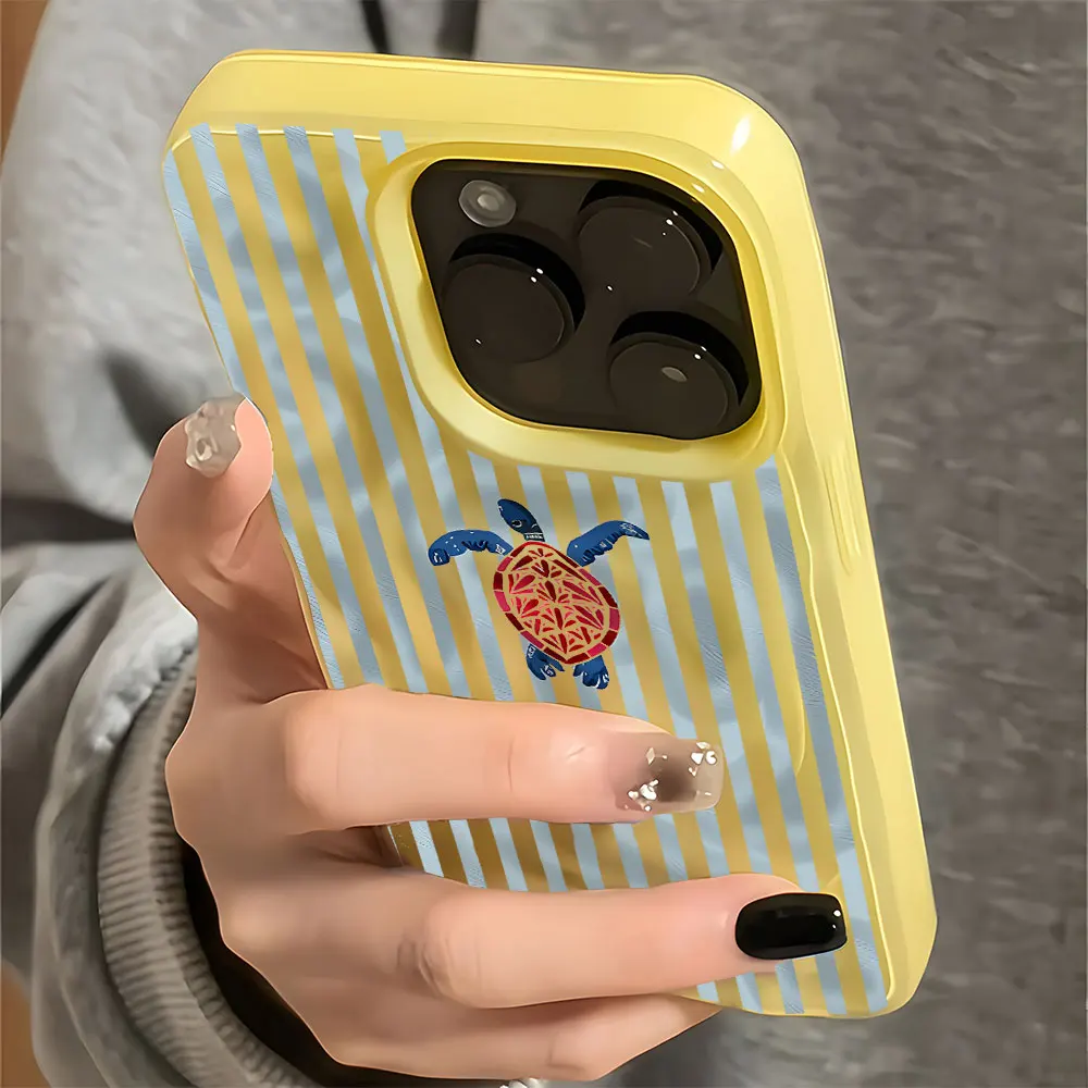 Light Blue Stripe Sea Turtle Pattern Phone Case For iPhone 17 16 15 14 13 12 11 Pro Max 14 15 Plus 17 Air Wave Texture Cover