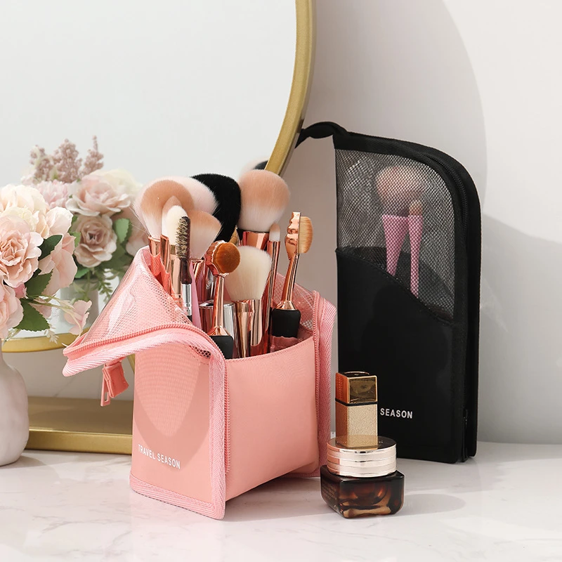 Bolsa de cosméticos con soporte para mujer, bolsa de maquillaje transparente con cremallera, organizador de viaje para brochas de maquillaje, 1