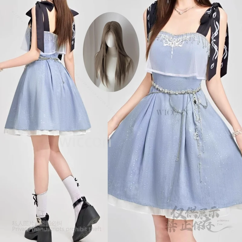 

Anime Heroine Cosplay Costume Caleb Role Blue Fancy Camisole Dress Fantasia Game Love and DeepSpace Wigs Women Halloween Party