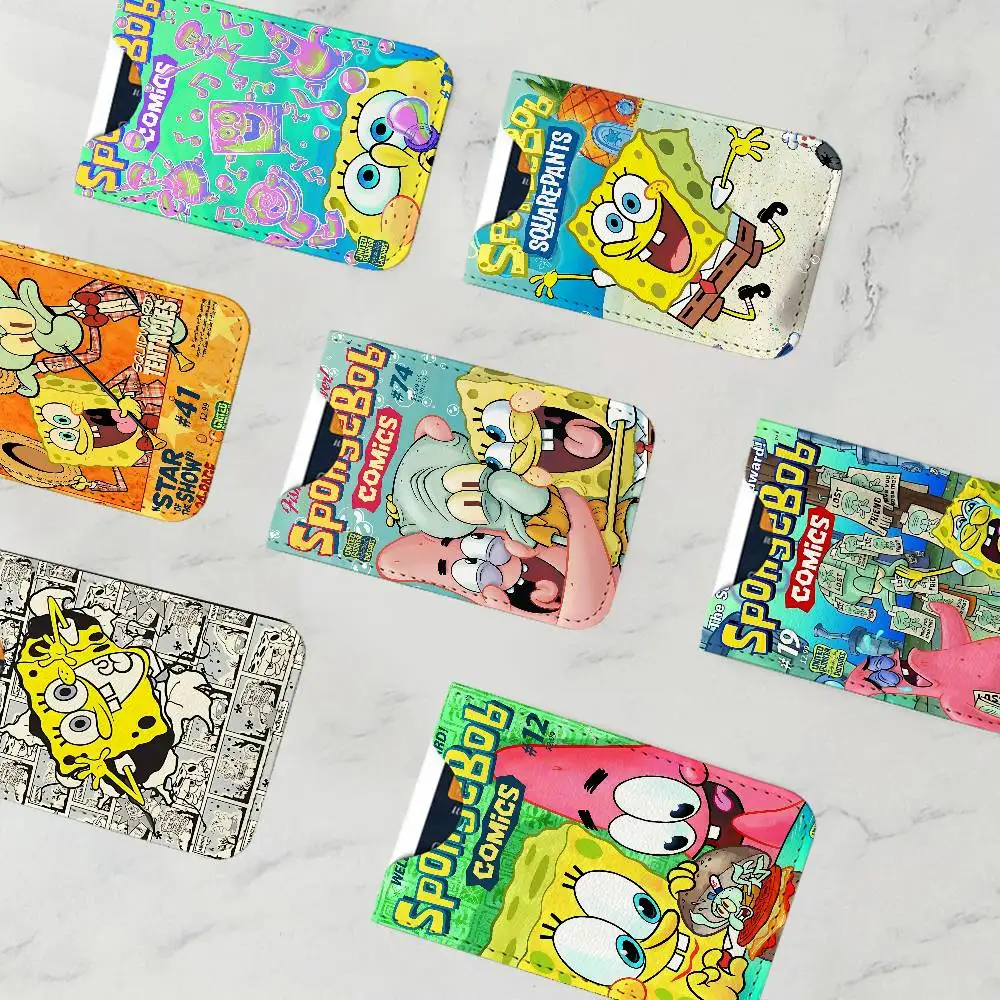 Children Animation S-Spongebob S-Squarepants Men's Genuine Leather Mini Card Wallet, Ultra Thin Credit Portable Business Card