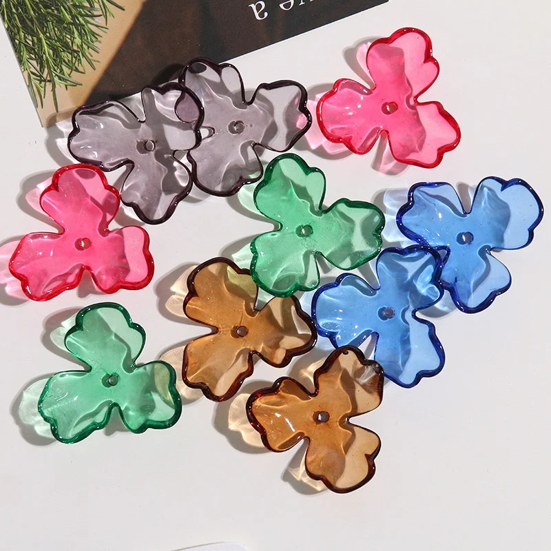 Newest 50pcs/lot 37*38mm color print Transparent cartoon flowers shape acrylic floral beads diy jewelry garment hair accessory