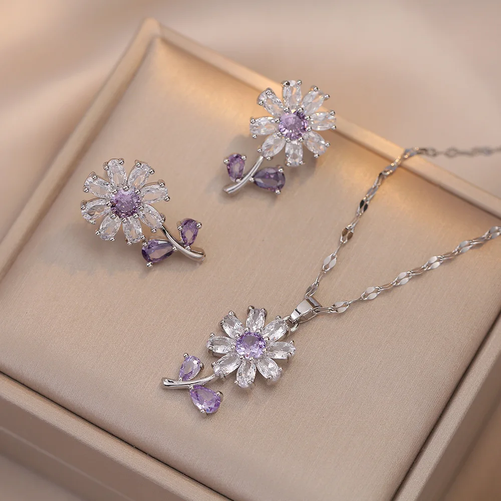 Ins Plant Sunflower Stud Earrings Pendants Silver Gold Color Chains Necklaces For Women Purple Zircon Collar Jewelry Sets Gifts