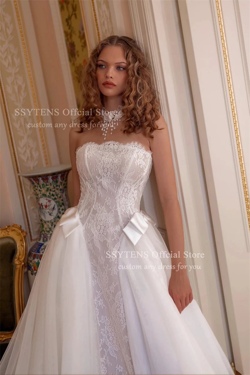 فساتين زفاف SSYTENS المصنوعة من الدانتيل بدون حمالات، مزينة بفيونكة بيضاء، أنيقة للأميرة، فساتين زفاف رسمية طويلة لعام 2026 #2