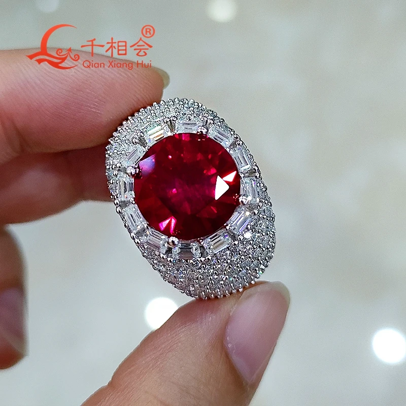 12mm 8ct round red artificial ruby sapphire white Moissanite Ring   Men woman Sterling 925 Silver Engagement Male Jewelry party