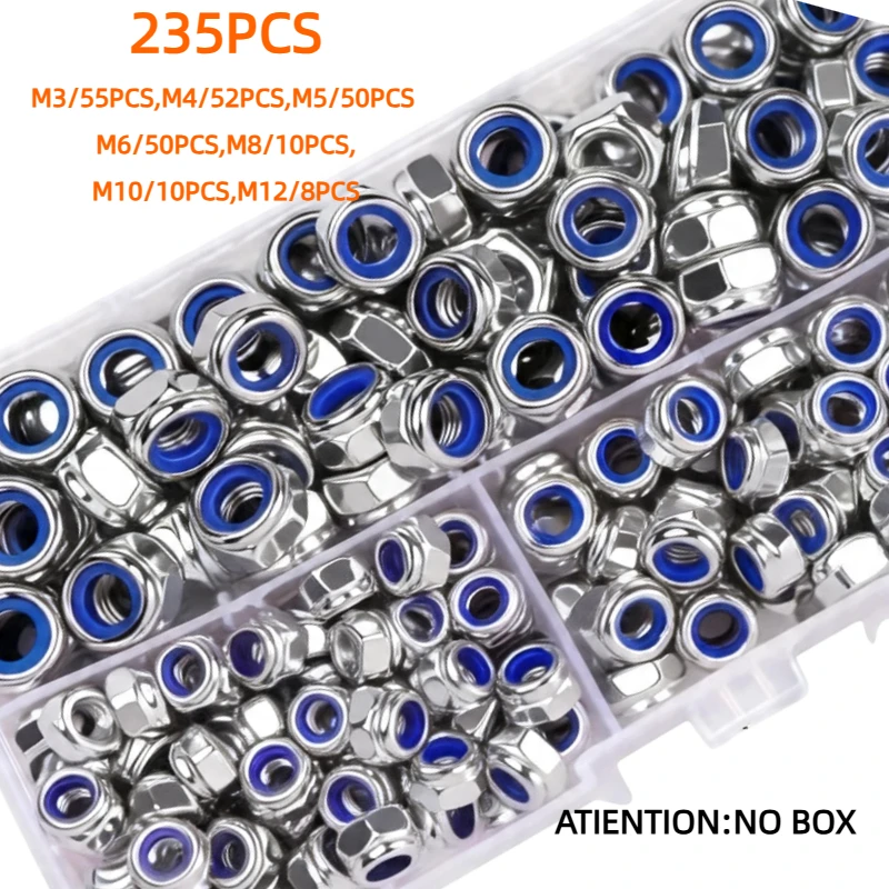 162/207/217/227/235Pcs Mix Set 304 Stainless Steel Nylon Lock Nuts Assortment M3-M12 Metric Hex Nylock Nut Set Kit