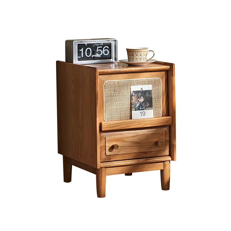 Nordic solid wood bedside table, small apartment sofa side cabinet, simple rattan edge storage cabinet, corner storage small