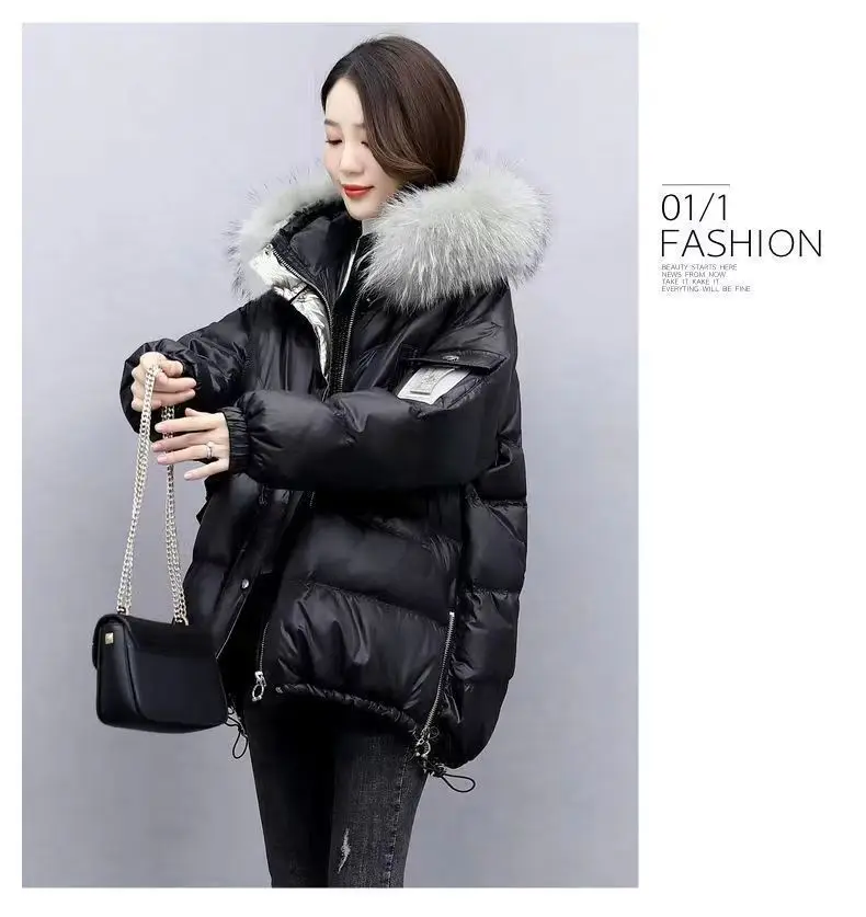 2026 Winter New Warm Down Cotton Jacket With Large Fur Collar Hooded Coat Loose Women Thicken Parker Puffer Overcoat Casual Wear