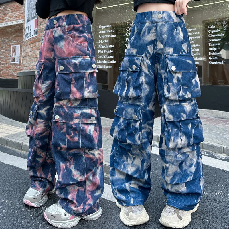 

Spring Autumn Children Tie Dye Cargo Sweatpants for Girls Casual Trackpants Kids Teenager Drawstring Pants Straight Trousers