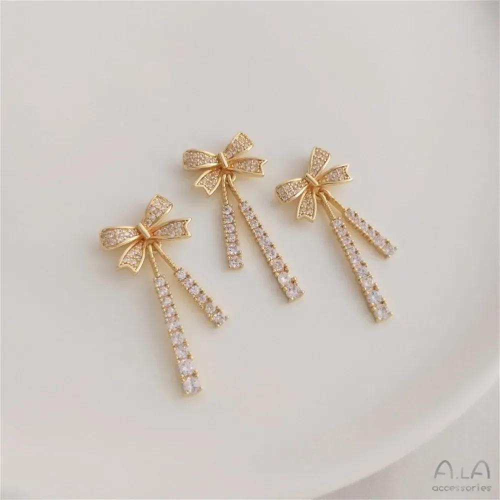 14K Gold Micro Set Zircon Bow Tassel Necklace Pendant DIY Pendant Headpiece Charms Pendant K396