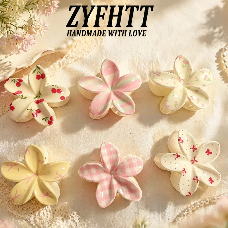 1/6 Stück ZYFHTT Kirschblüten-Karo-Druck Frangipani Haarklammern für Frauen Süße Niedliche Haifischklammer Modische Haarspange Haaraccessoire – Detail 1
